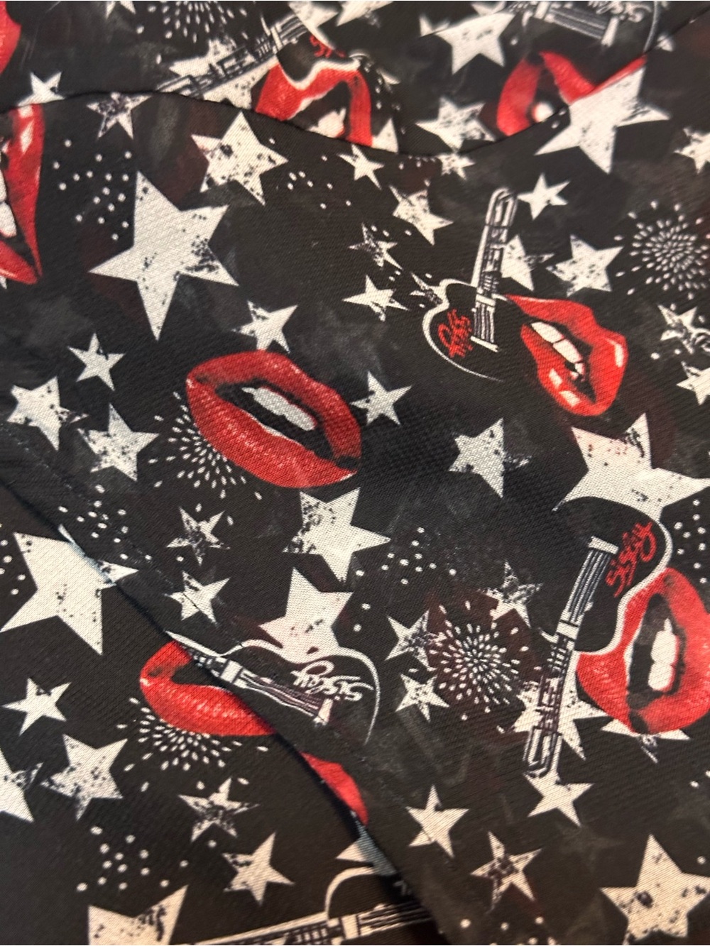 Sisley Black Long-Sleeve Dress with Red Lip Rocker Guitar & White Star Print